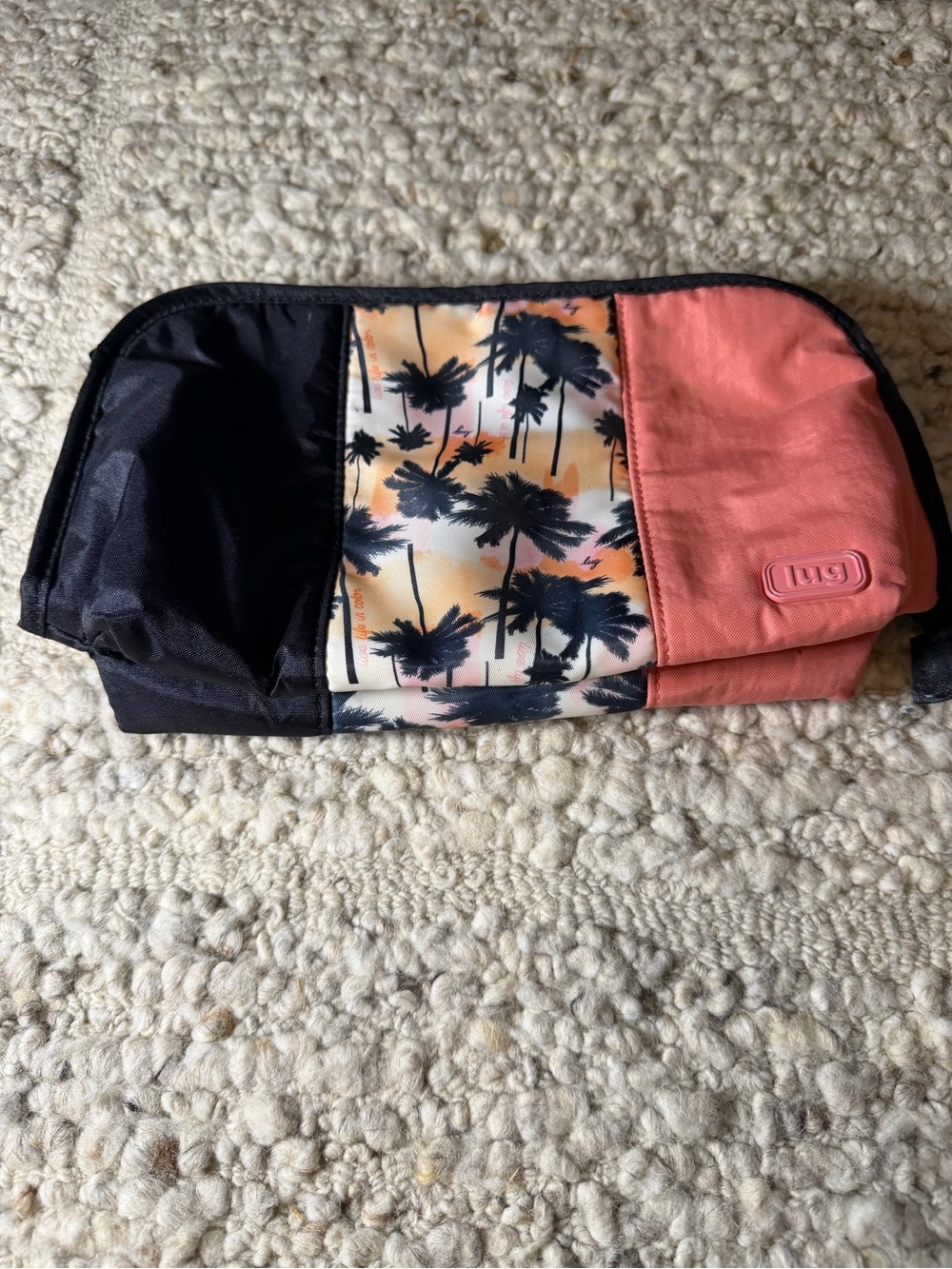 lug Tropical Palm Print Cosmetic Pouch in Coral, Black & Cream